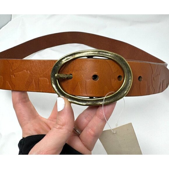 Coldwater Creek Sz L GENUINE Leather Embossed Elephant Safari Brown Belt NWT NEW